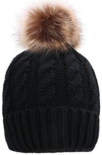 Simplicity Men / Women's Winter Hand Knit Faux Fur Pompoms Beanie Hat Black | Amazon (US)