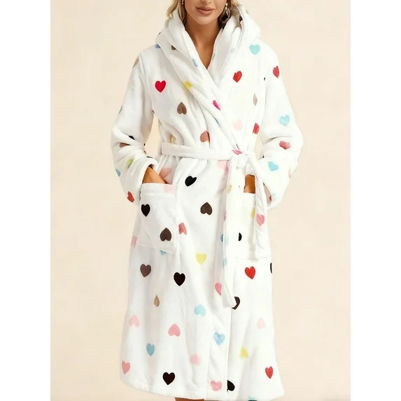 UVN Valentine's Day Long Robes for Women Winter Plush Fleece Hooded Bathrobe Soft Cozy Fluffy Sle... | Walmart (US)