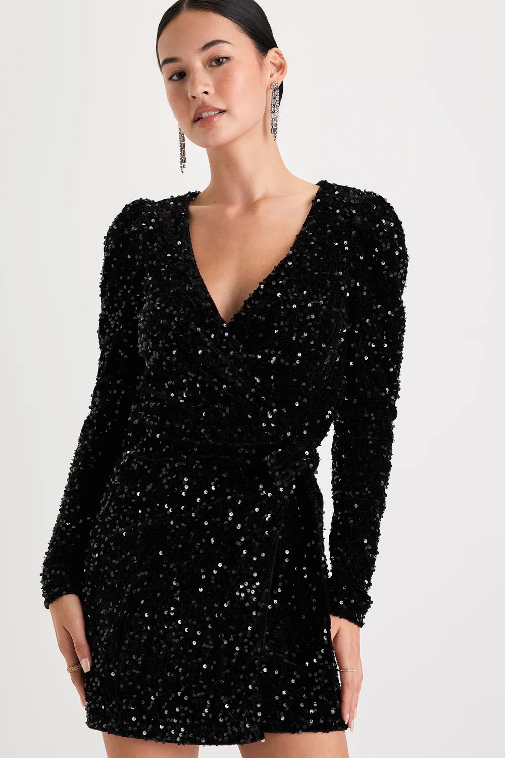 Glowing Muse Black Sequin Velvet Long Sleeve Wrap Mini Dress | Lulus (US)