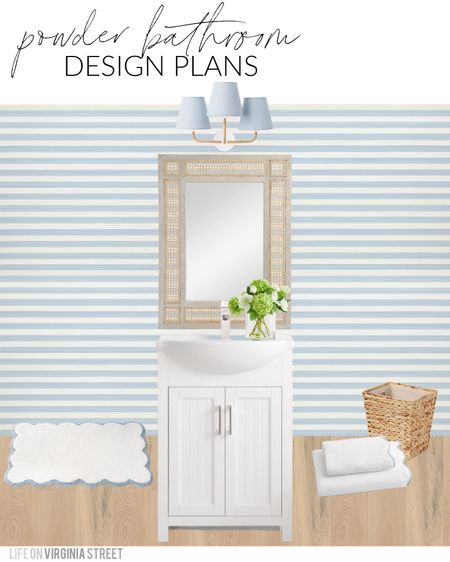 Spring design board plans for our powder bathroom! Includes my favorite light blue brushstroke wallpaper, rattan and blue linen bathroom light fixture, a small white vanity, cane mirror, scalloped bath mat, scalloped hand towels, a seagrass wastebasket, and a cute floral arrangement in a glass vase! See all of my spring design boards here: https://lifeonvirginiastreet.com/2024-spring-design-boards/.
.
#ltkhome #ltksalealert #ltkseasonal #ltkfindsunder50 #ltkfindsunder100 #ltkstyletip spring decorating ideas, powder bath decor ideas, grandmillennial decor, coastal decorating

#LTKSeasonal #LTKsalealert #LTKhome