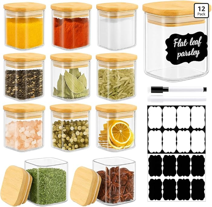 12 Pack 4 oz Square Glass Spice Jars with Lids and Labels – Airtight Small Seasoning Containers... | Amazon (US)