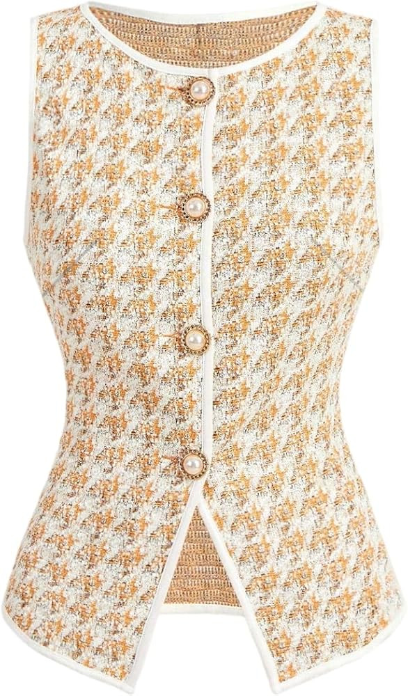 MakeMeChic Women's Houndstooth Plaid Vest Tops Trendy Dressy Tops Button Wasitcoat For Work Offic... | Amazon (US)