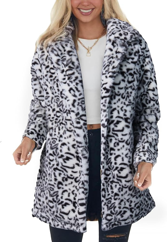 Omoone Women's Faux Fur Jackets Autumn Winter Leopard Coats Loose Fur Coat with Pockets | Amazon (US)
