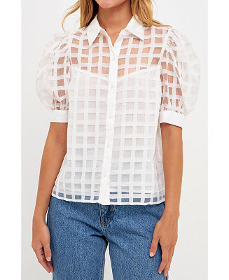 English Factory Women's Short Sleeve Organza Grid Blouse - Macy's | Macy's