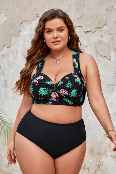 Palm Beach Night Twist Front Top & High Waist Plus Size Bikini Set | Cupshe US
