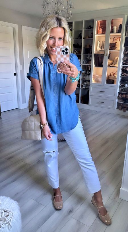 This chambray top is definitely a closet staple year after year!!!! It’s lightweight and flowy making it perfect for summer! 
Too small
Jeans sized up to 6
Shoes got my true size (roomy)

#LTKSeasonal #LTKstyletip #LTKfindsunder50