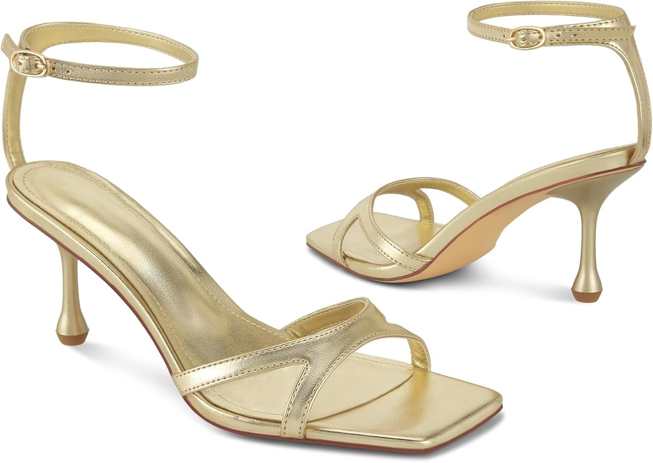 Strappy Heels for Women Stiletto Heels Summer Wedding Sandal Kitten Square Toe Black Nude Gold | Amazon (US)
