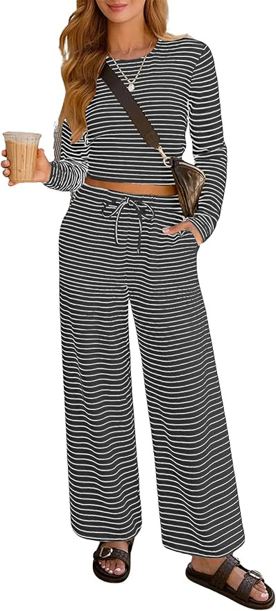 Lazysmile Lounge Sets For Women Casual Striped 2 Piece Outfits Long Sleeve Tops and Wide Leg Pant... | Amazon (US)