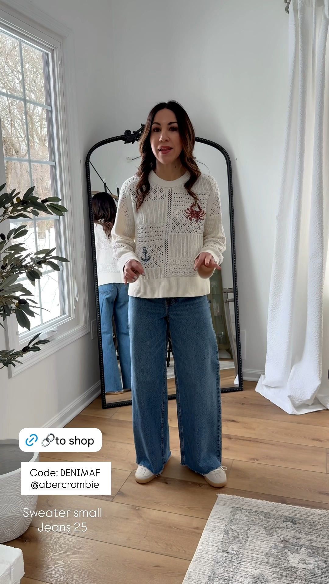 Abercrombie code DENIMAF. 25 wide leg jeans. Small sweater.

#LTKOver40 #LTKPetite #LTKSaleAlert