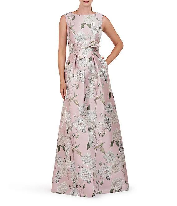 Kay Unger Floral Metallic Jacquard Boat Neckline Sleeveless Bow Front Ball Gown | Dillard's | Dillard's