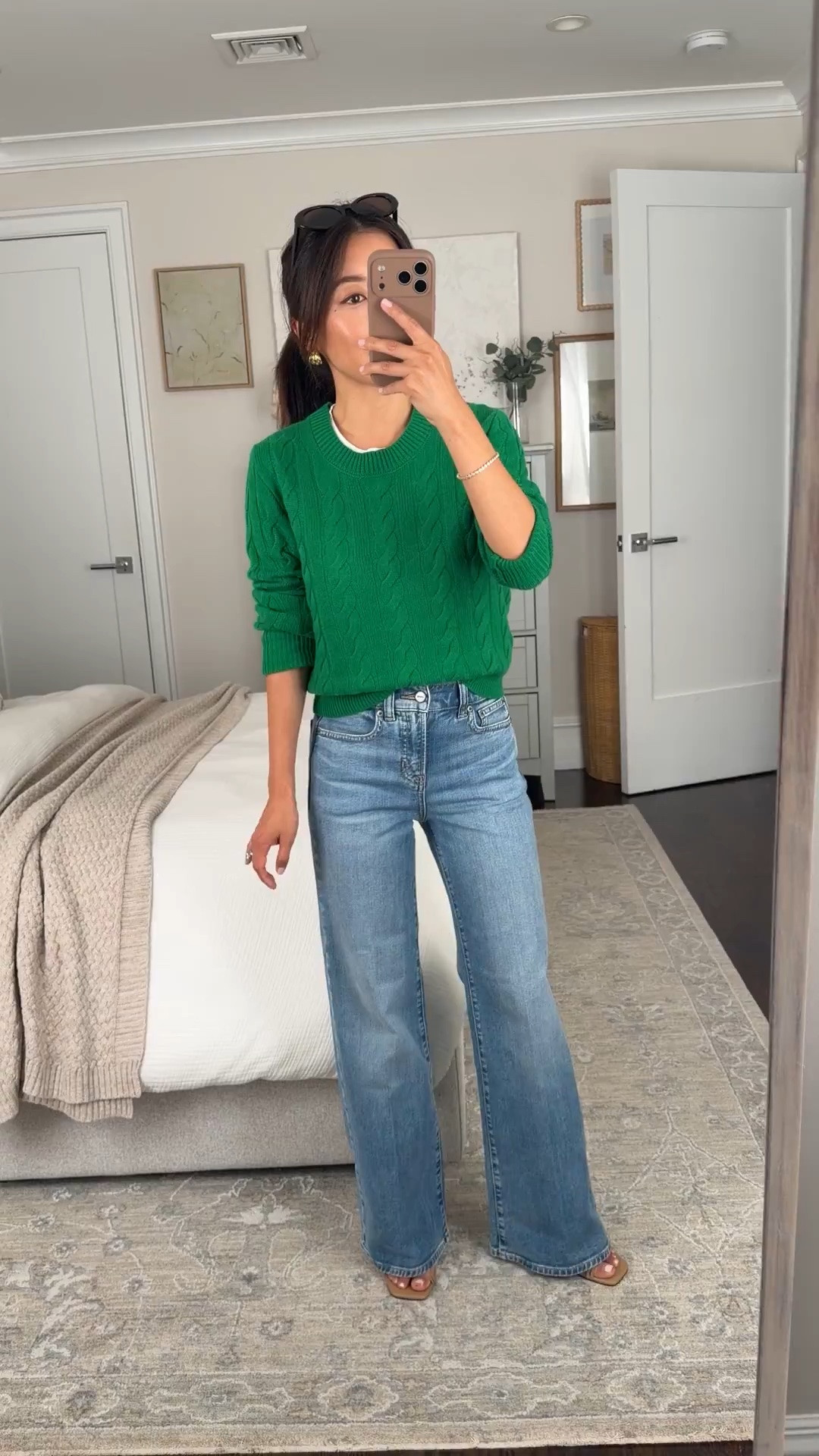 Jeans on sale! 
• Denim trouser jean for this wash I’d stick TTS for this wash, I tried 23 petite here it’s snug and then tried 24 petite which fit better! size runs differently depending on wash 
• Shrunken cashmere cable knit crewneck TTS. I sized up to XS to account for shrinkage but you don’t need to, petite friendly smaller proportion all around with longer sleeves 

Petite friendly jeans, fall outfit ideas, cable knit sweater