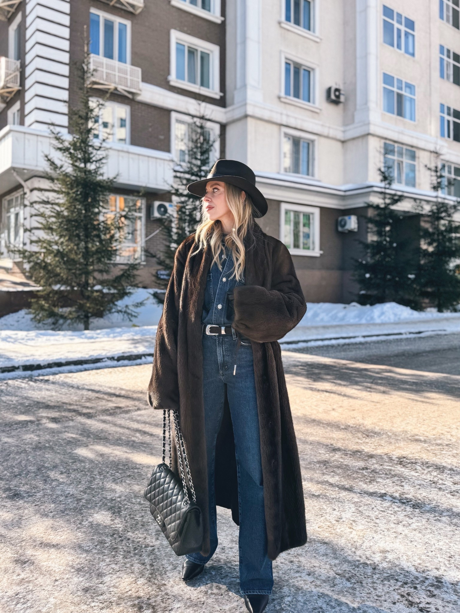 Brown fur coat, all denim outfit, denim on denim, @Janessa Leone brown wool hat, @Shopbop dark wash jeans, western style 

#LTKOver40 #LTKSeasonal #LTKSaleAlert