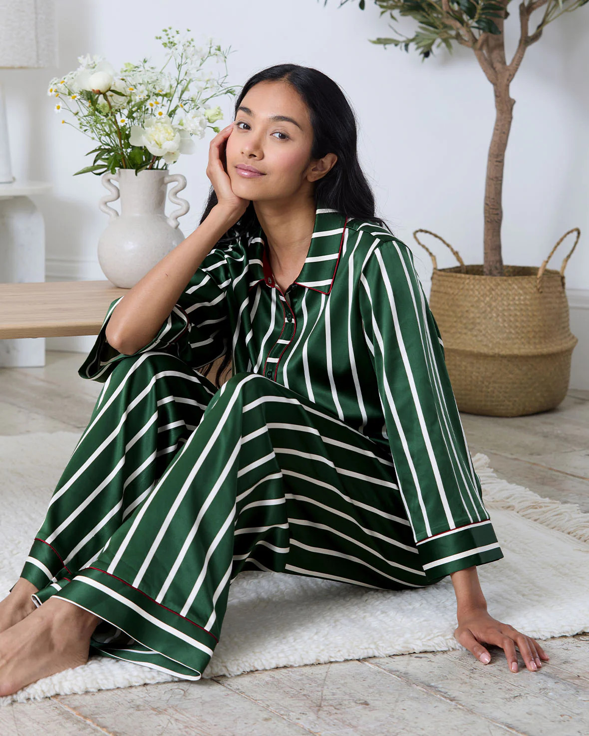 Satin Stripe Long Pyjama Set - Green | Chelsea Peers NYC