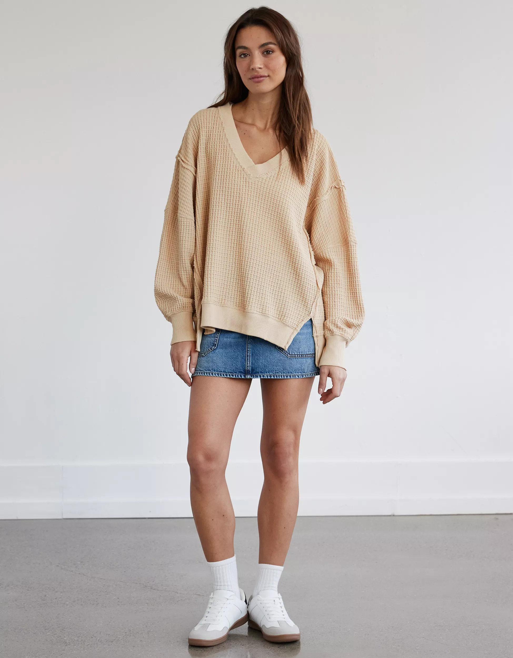 AE Oversized Big Hug Waffle V-Neck Sweatshirt | American Eagle Outfitters (US & CA)