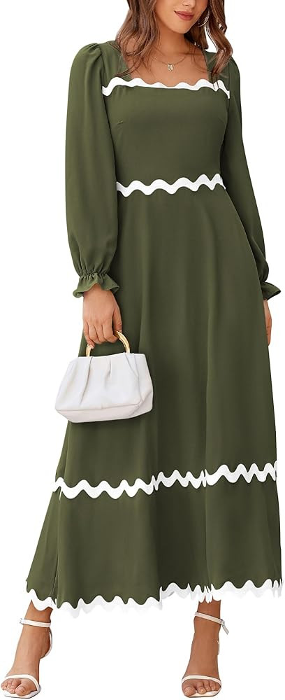 BTFBM RIC Rac Dress Women Maxi Dress Square Neck Long Sleeve Smocked Tie Back A-Line Flowy Fall W... | Amazon (US)