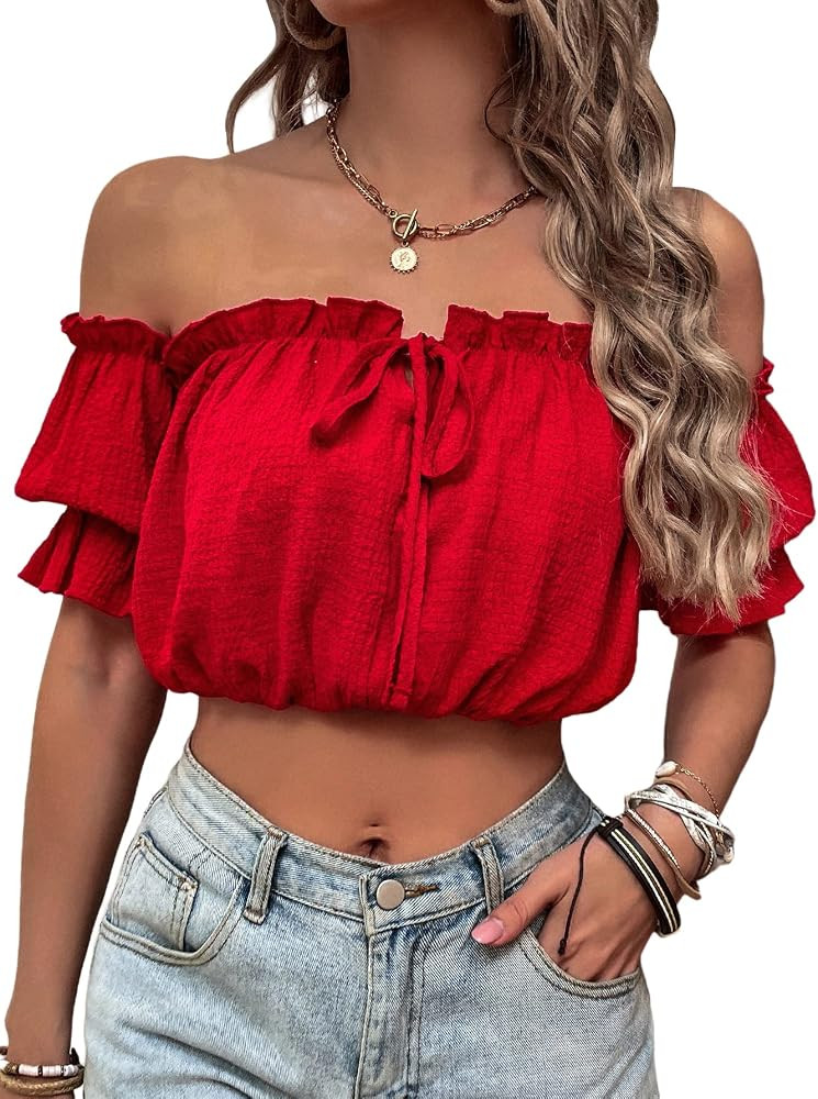 WDIRARA Women's Off Shoulder Tie Front Puff Sleeve Frilled Crop Top Blouse | Amazon (US)