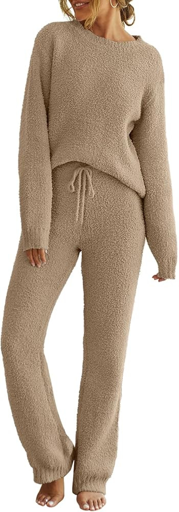 MEROKEETY Womens Pajama Sets 2025 Fall Lounge Sweater Set Cute Fuzzy Fleece 2 Piece Long Sleeve C... | Amazon (US)