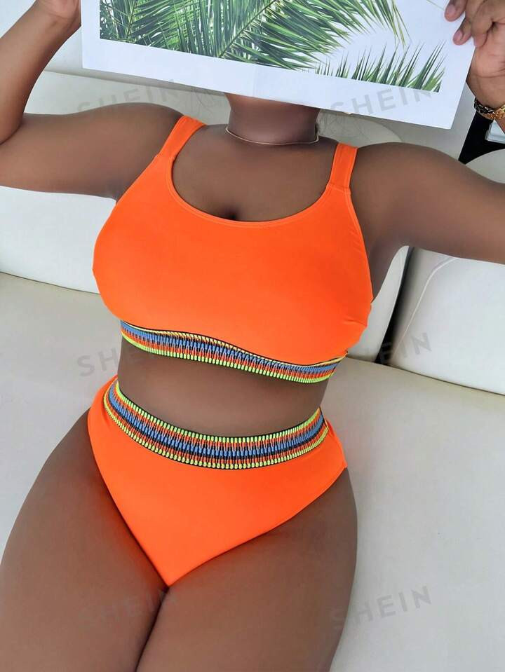 SHEIN Swim BohoFeel Plus Contrast Trim High Waisted Bikini Swimsuit | SHEIN