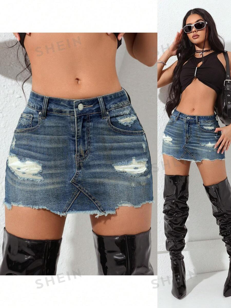 SHEIN EZwear Women's Pocket Distressed Fringe Hem Denim Bodycon Mini Skirt | SHEIN