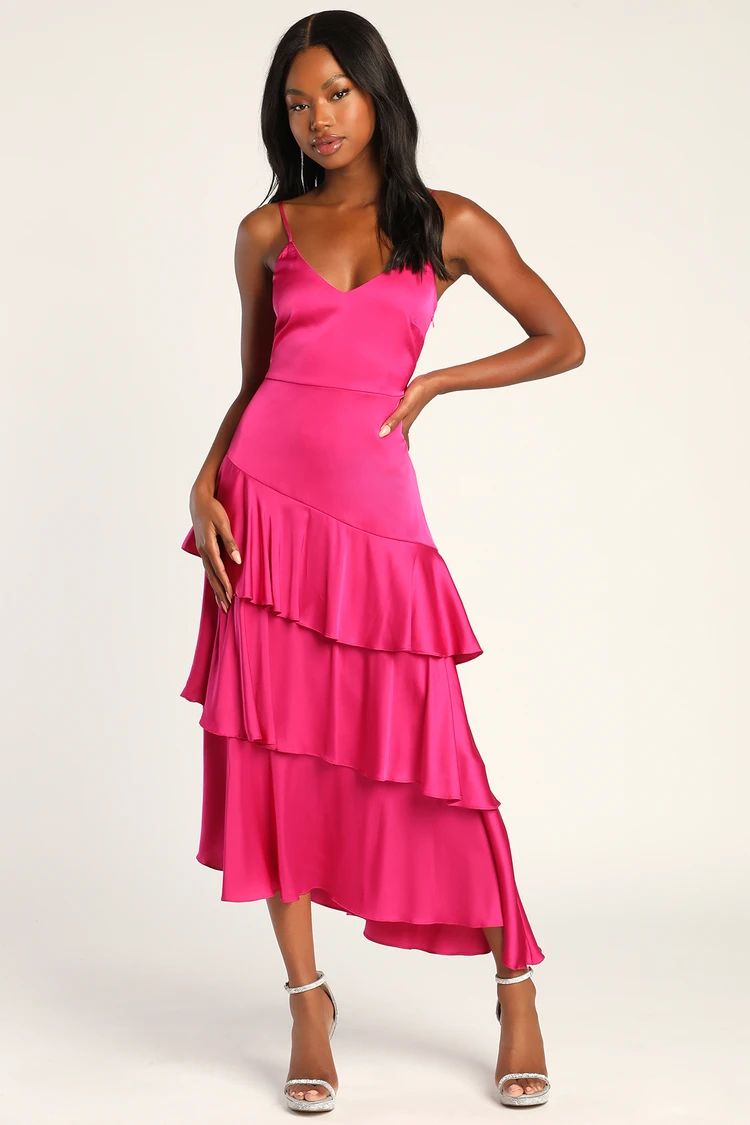 Charming Crush Hot Pink Satin Tiered Ruffled Midi Dress | Lulus (US)