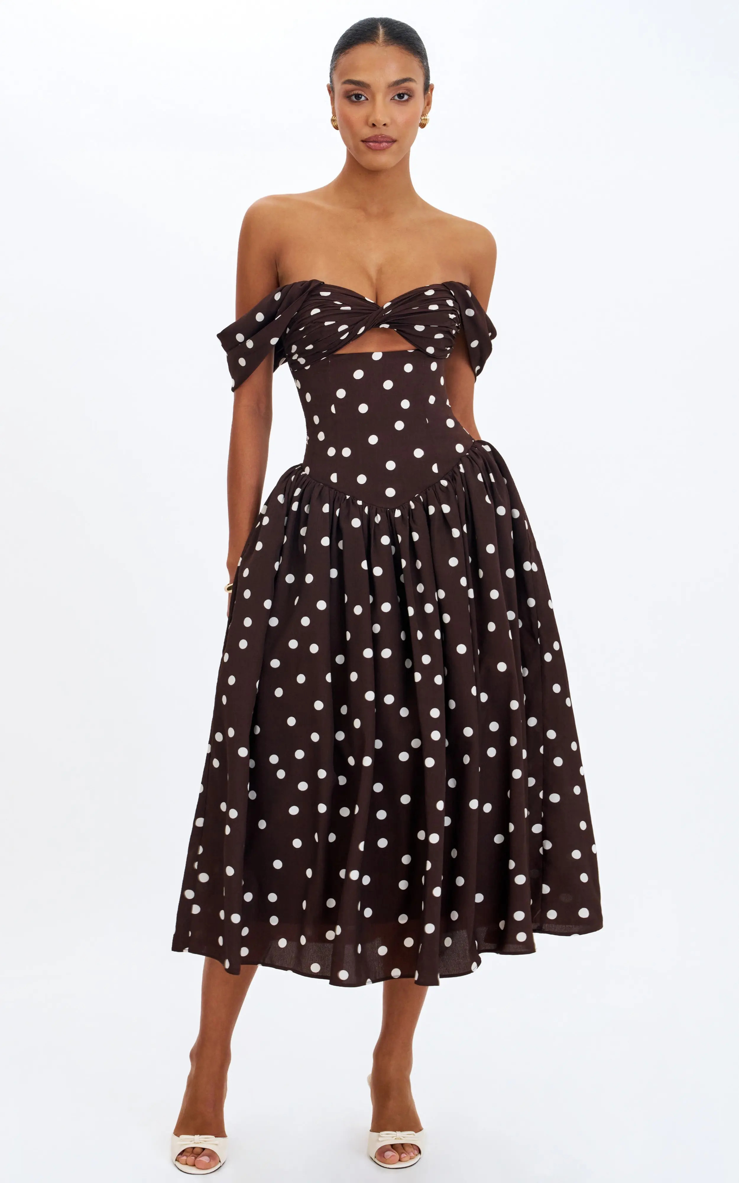 Miss Circle Xandie Polka Dot Off-Shoulder Midi Dress in Mocha at Nordstrom, Size Small | Nordstrom