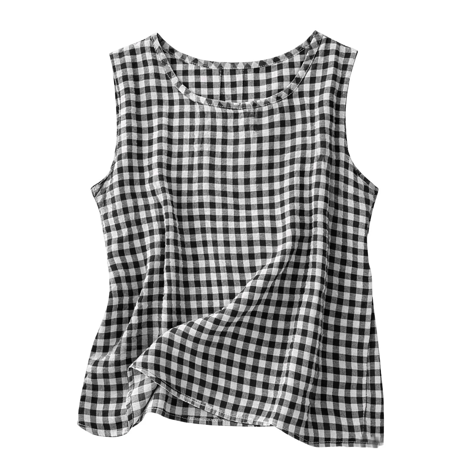Linen Vest Women Sleeveless Plaid Tank Top Loose Fit Round Neck Summer Casual Blouse Lightweight ... | Walmart (US)