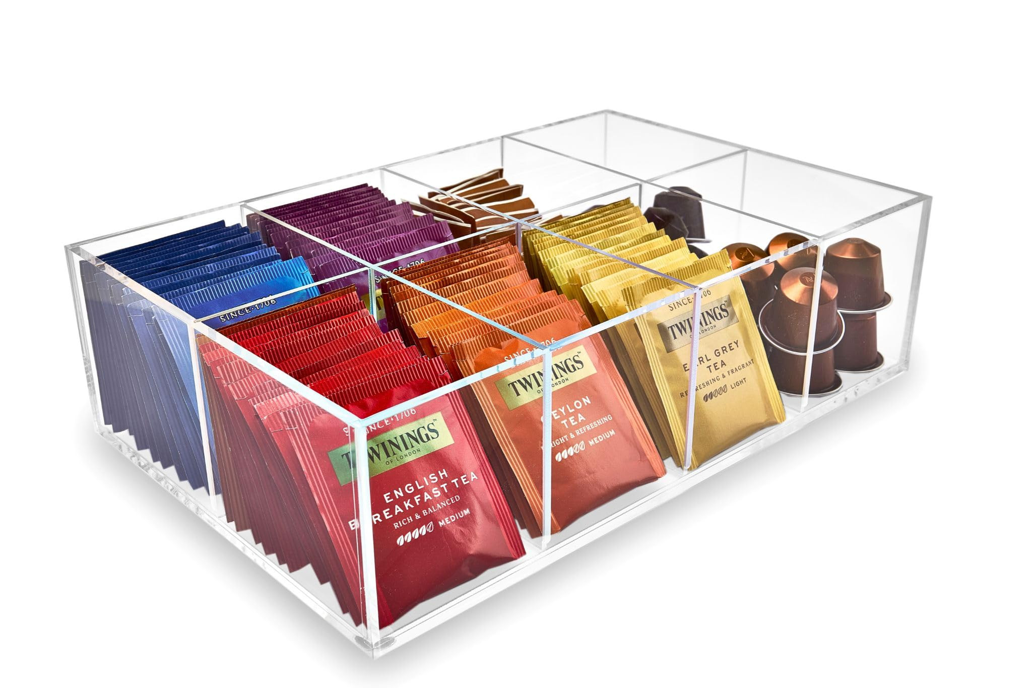 Acrylic Tea Bag Organizer - Clear Tea Storage Box, K Cup Coffee Pods Holder with 8 Compartments, ... | Amazon (US)