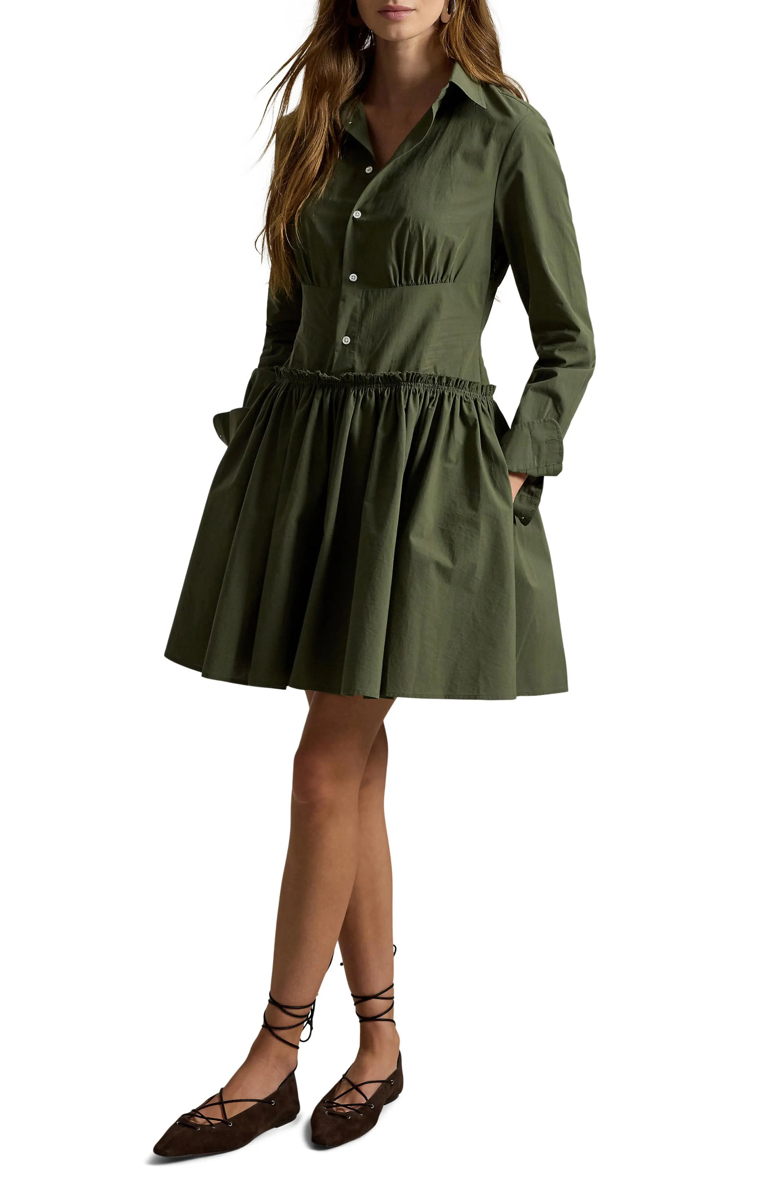 Polo Ralph Lauren Paneled Shirred Cotton Canvas Mini Shirtdress (Women) | Nordstrom | Nordstrom