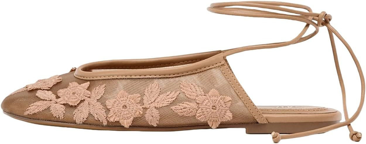 UFEDO Lace Up Mesh Ballet Flat for Women Summer Slingback Ballerina Shoes Embroidered Floral Mary... | Amazon (US)