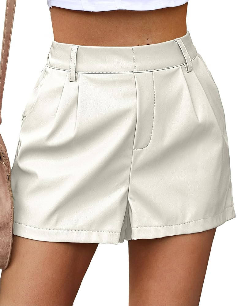 luvamia Faux Leather Shorts for Women High Waisted Pleated Wide Leg Stretchy Shorts with Pockets ... | Amazon (US)