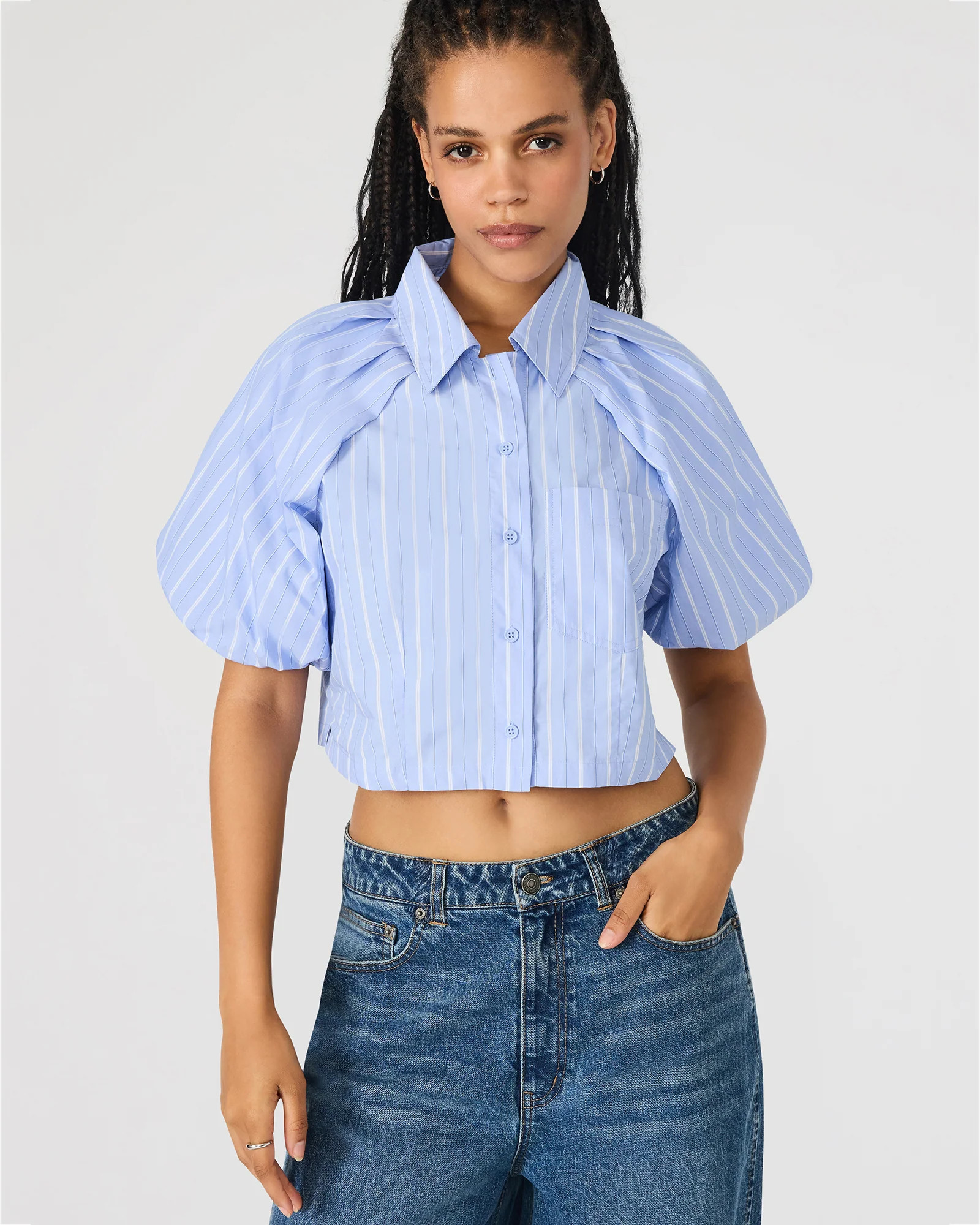 Steve Madden Women's Reece Top Short Sleeve Button Up Tops - Soft Blue - Size Large - Cotton | Steve Madden (US)