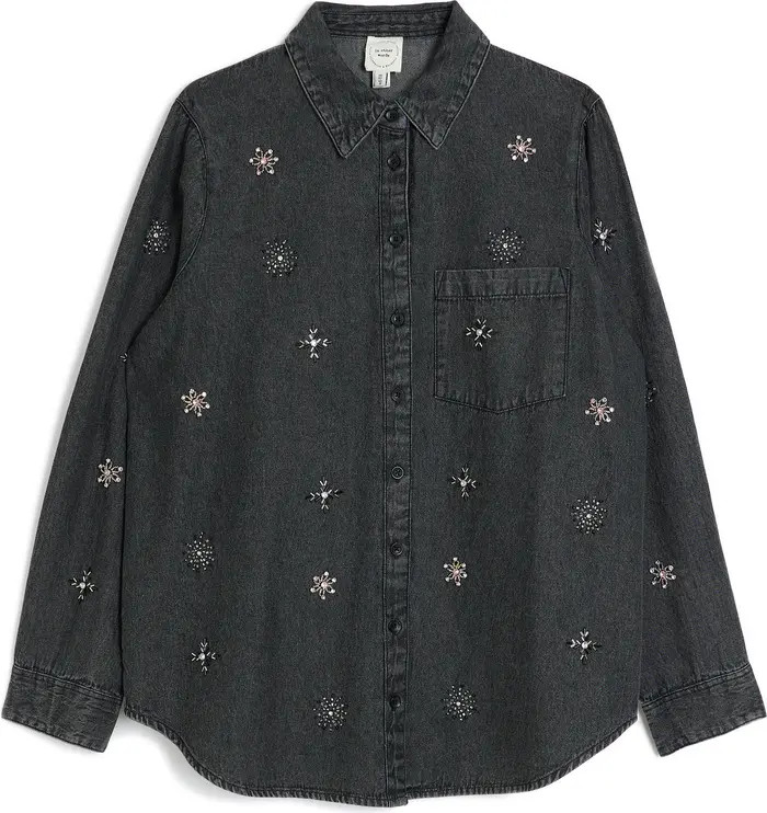 River Island Crystal Embellished Denim Button-Up Shirt | Nordstrom | Nordstrom