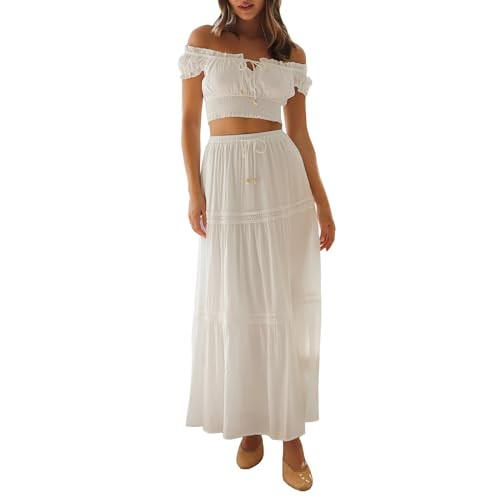 Womens Two Piece Summer Boho Outfit Off Shoulder Crop Top Maternity High Waist Maxi Skirt Beachea... | Amazon (US)