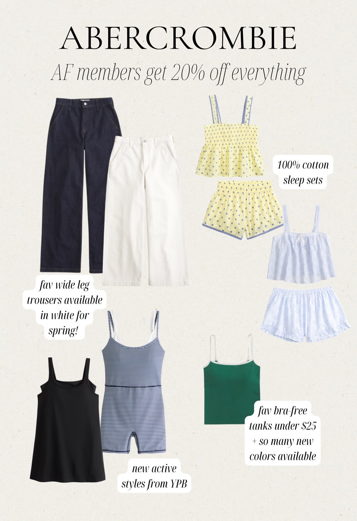 [3/19/26] Abercrombie sale!! 20% off everything | new arrivals + favorites linked below 

*Offer valid in stores and online 3/19/2026-3/20/2026 in US. Excludes clearance and gift cards. Member price reflects discount.*

#LTKPetite #LTKSaleAlert #LTKSeasonal