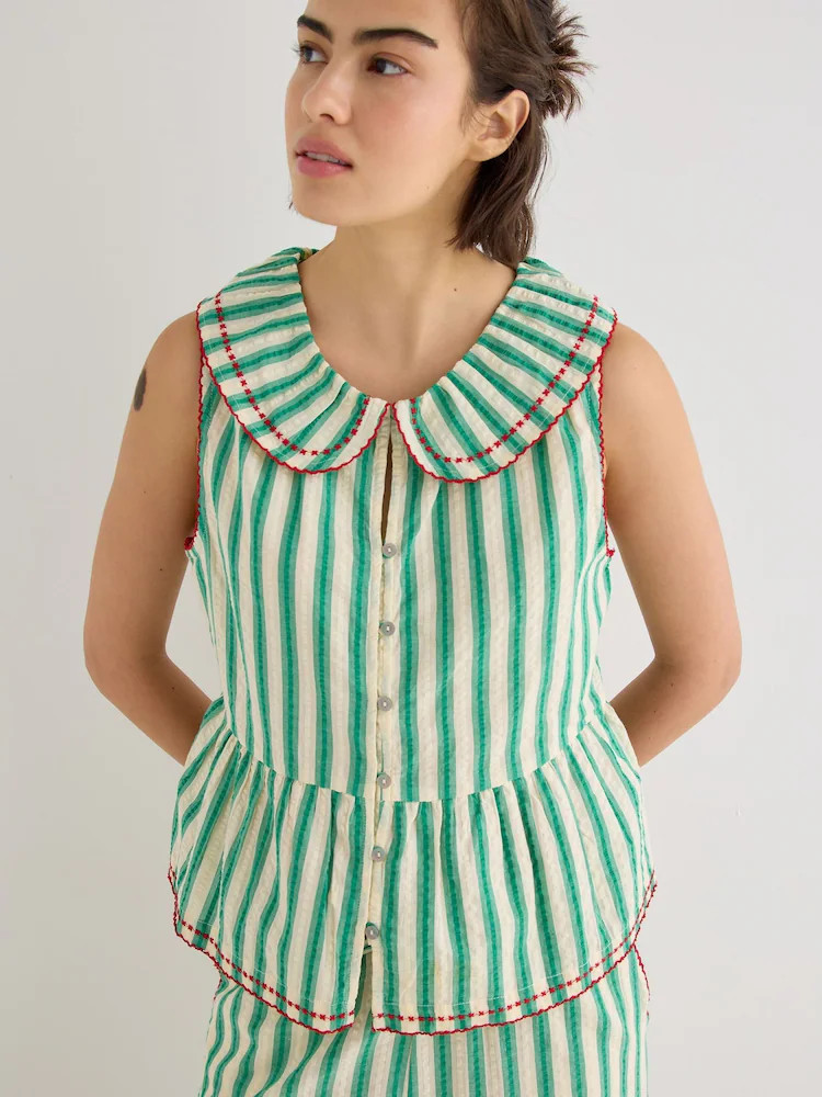 Oliver Bonas Green Striped Seersucker Collar Sleeveless Blouse | Next EU