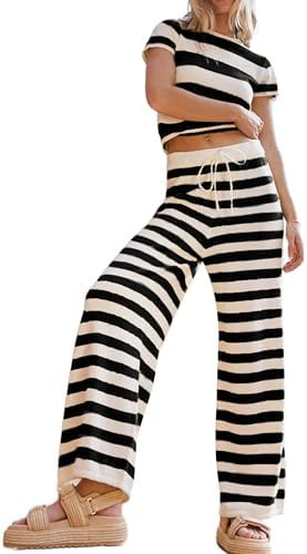 Womens Two Piece Striped Set Short Sleeve Crop Top and Wide Leg Pants Knit Matching Sets | Amazon (US)