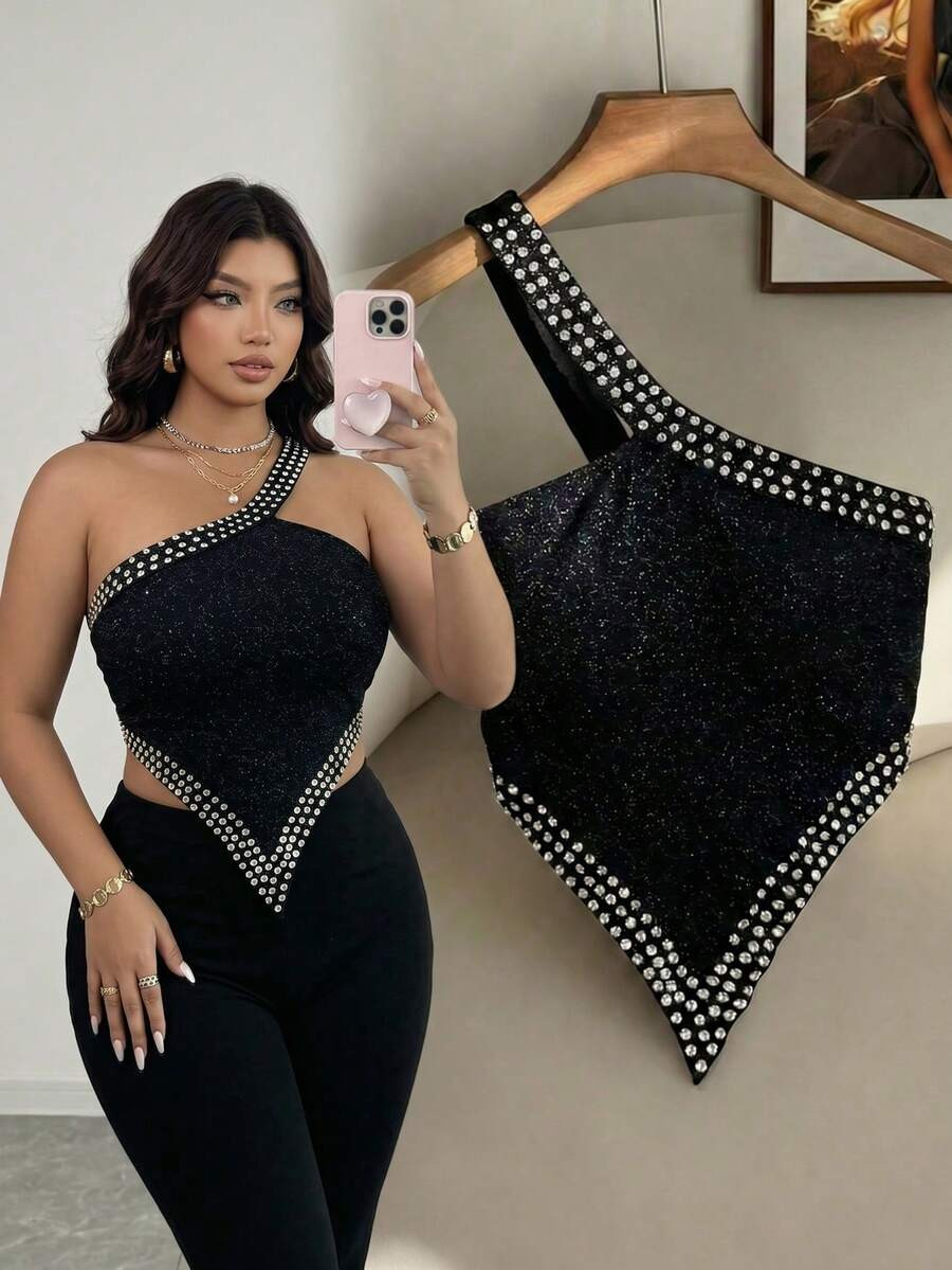 Elenzga Plus Size Women Rhinestone Embellished Sexy Versatile Casual Top | SHEIN