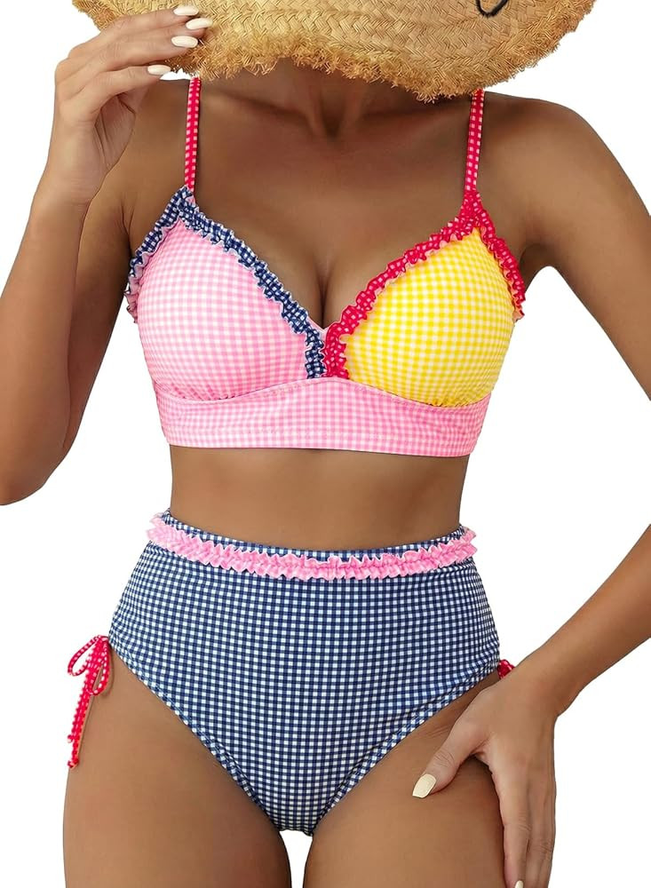 Herseas Women's Splice Ruffle Trim Bikini Sets Tie Side Swimsuits High Waisted Bathing Suits | Amazon (US)