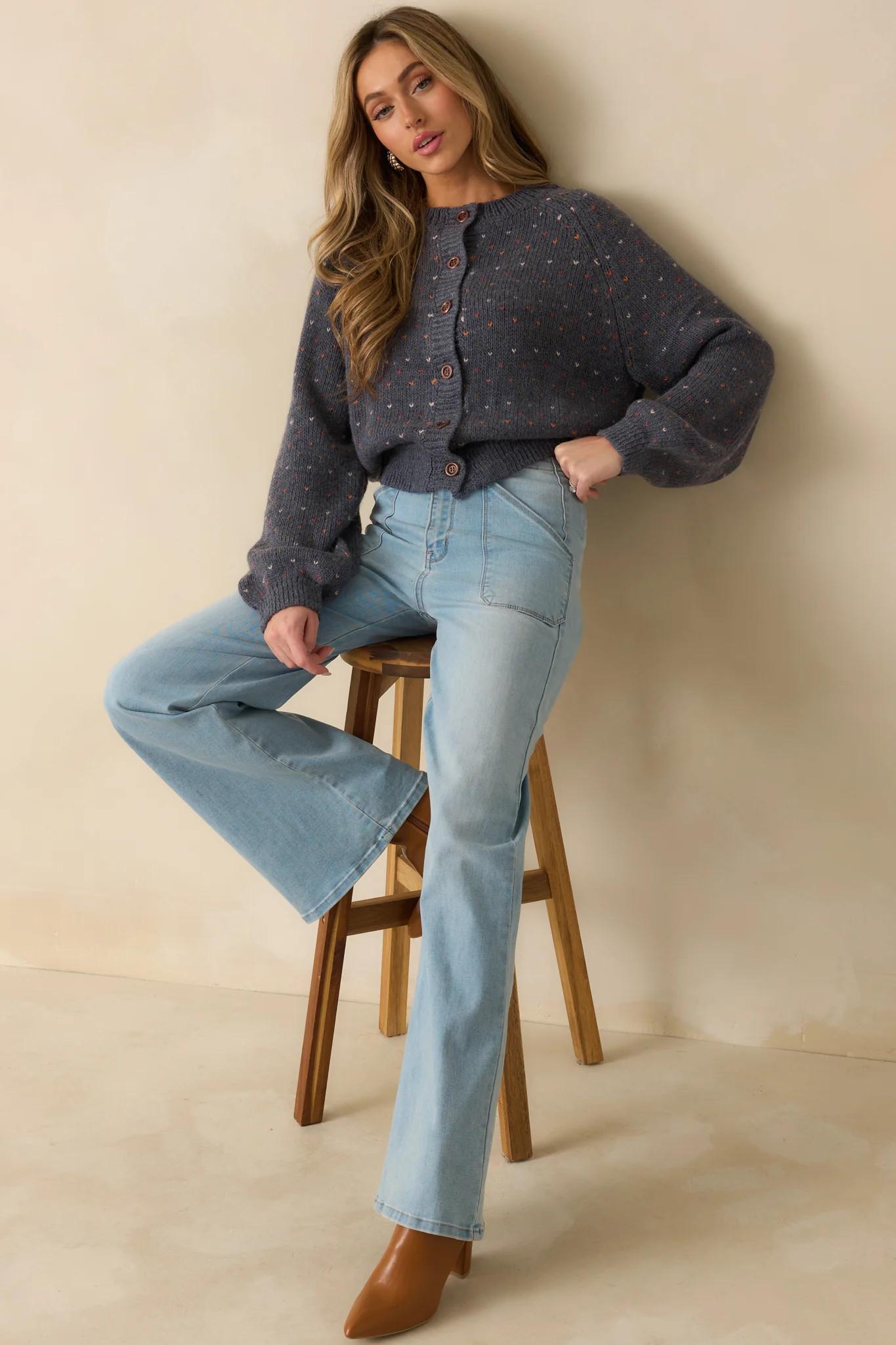 Sweet On You Navy Heather Knit Heart Button Up Cardigan Sweater | Red Dress
