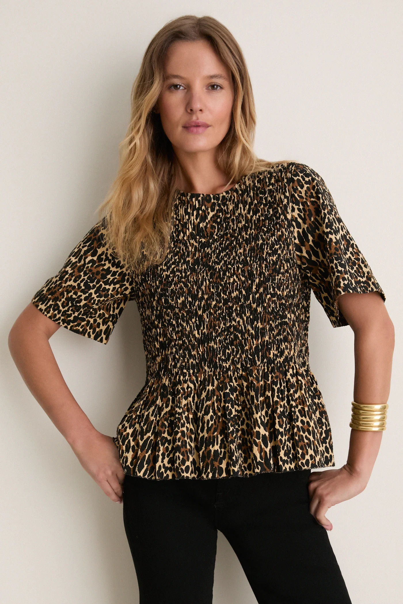 Tan Leopard Smocked Flounce Top | Tuckernuck (US)