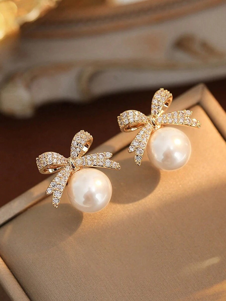 1pair Bowknot-Shaped Faux Pearl & Rhinestone Inlaid Earrings With Elegant And Sophisticated Desig... | SHEIN