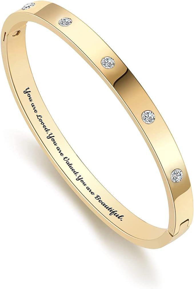Gold Bangle Bracelets For Women Personalized Inspirational Jewelry Stainless Steel 18K Real Gold ... | Amazon (US)