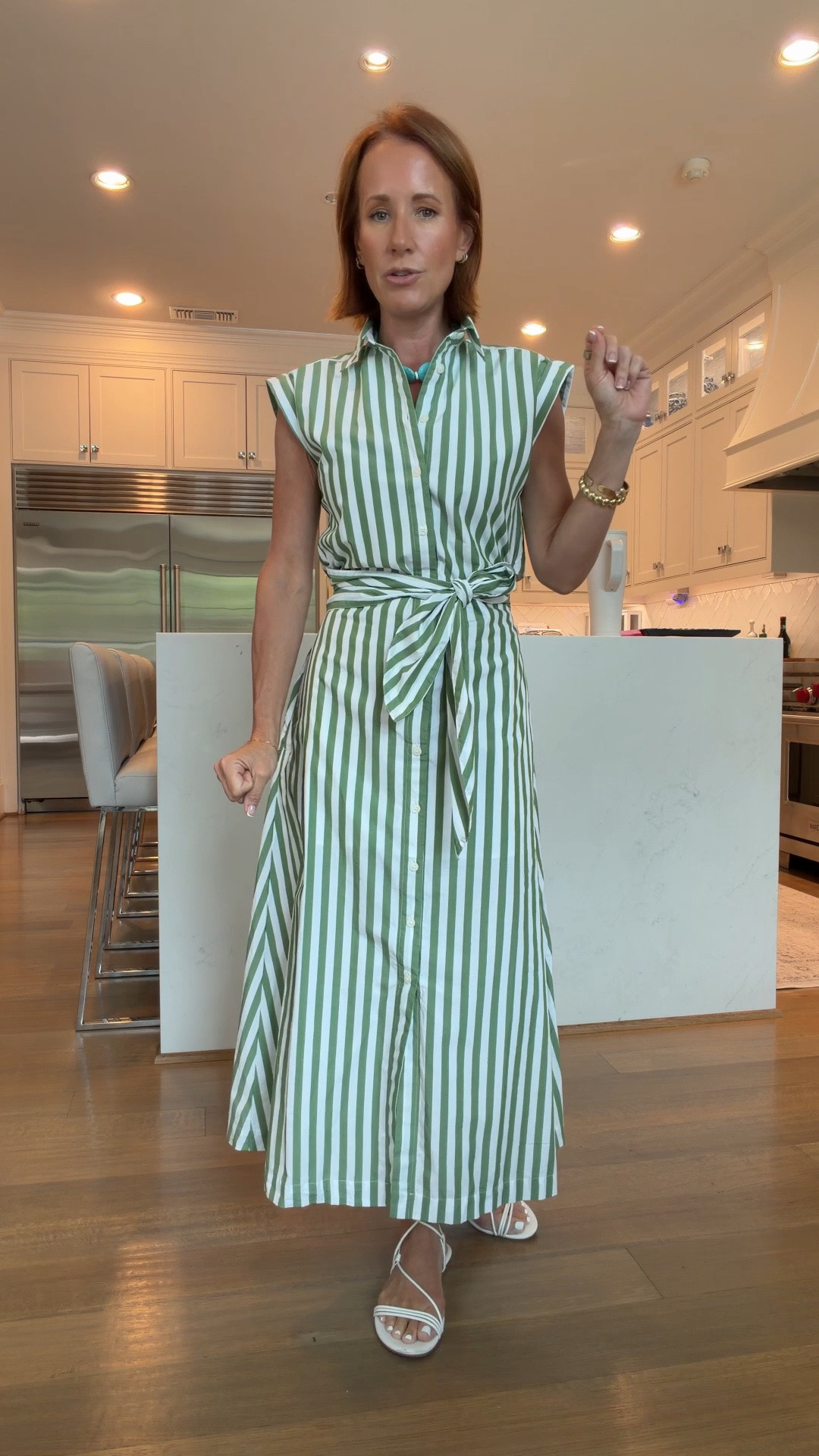 Father’s Day brunch called for something that felt festive but still easy, and this LOFT Striped Poplin Cutout dress delivered exactly that. The green and white stripe and breezy poplin fabric make it such a perfect summer brunch outfit — it’s under $50 and fits that sweet spot between put-together and relaxed. I layered on the Tori Bradbury Stevie Turquoise Necklace, which is such a stunning statement piece in that deep turquoise stone, plus a simple gold solid bangle and The Drop strappy sandals to keep the whole look light and summery.

#LTKootd #LTKSaleAlert #LTKPetite