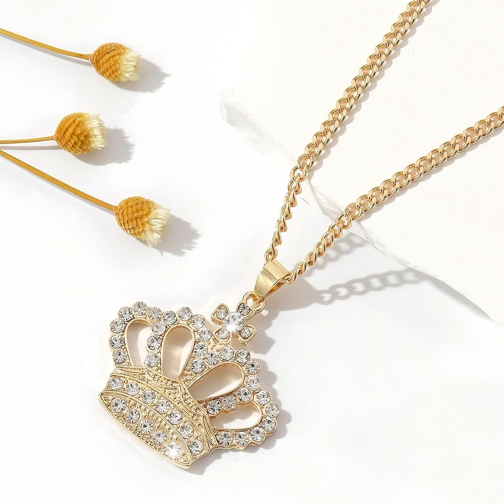 Gold Crown Pendant Necklace Rhinestone Embellished for Women Daily Fashion Accessory | Amazon (US)