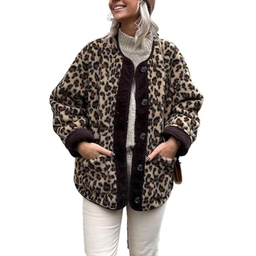 YISHATIER Women's Fuzzy Fleece Jacket Leopard Print Long Sleeve Open Front Coats Lightweight Casual Outerwear with Pocket (Leopard,L,Large) | Amazon (US)