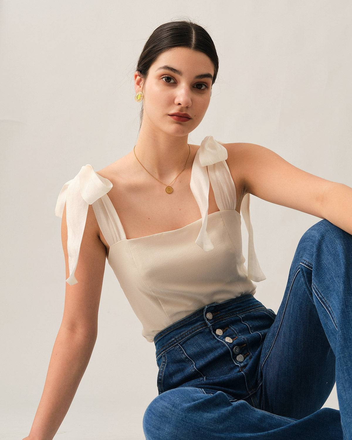 The Tie Strap Solid Cami Top - Women's Sleeveless Stylish Cami Tops, - Beige,Green,Navy | RIHOAS | rihoas.com