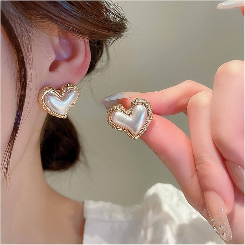 Bohemian Puffy Pearl Stud Earrings Gold Heart Pearl Earrings Puffed Heart Pearl Earrings Love Hea... | Amazon (US)