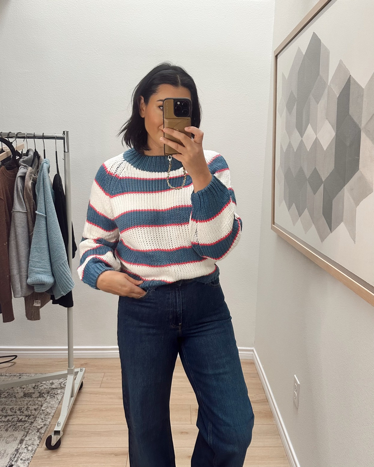 I'm in the large of the sweater! It runs small / shorter. Not as 'chunky' of a knit as shown online. 

I'm in the 30 of the jeans -- they run TTS! $35 today! 

 