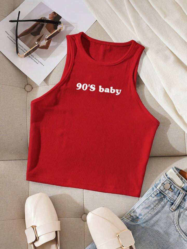 INAWLY Letter Print Slim Fit Round Neck Tank Top Graphic Tees Women Tops | SHEIN