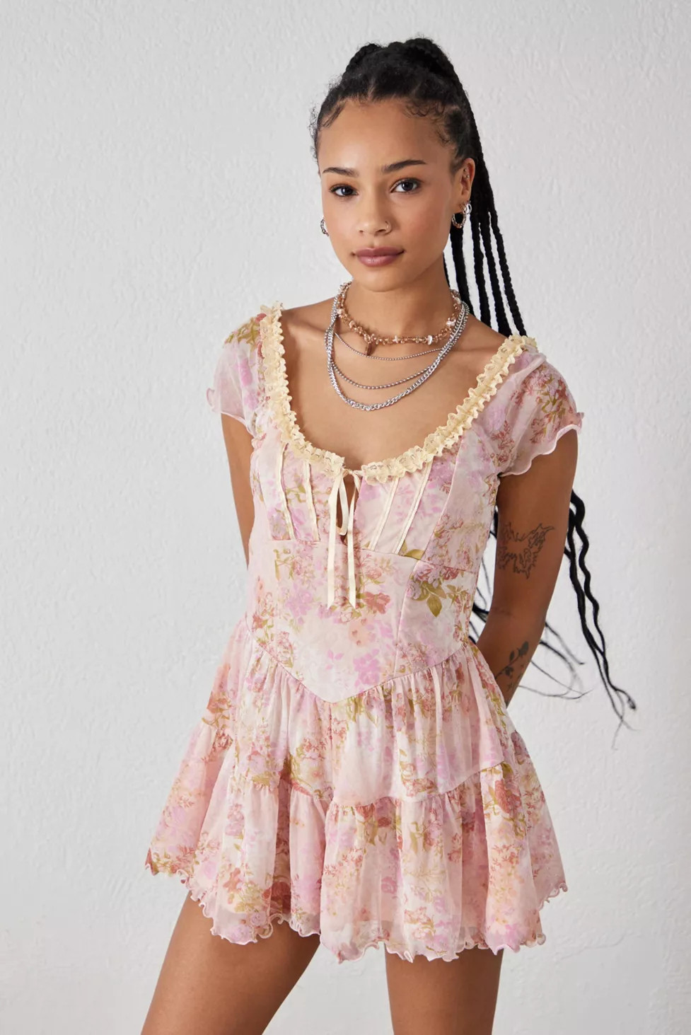 UO Pink Lily Flocked Floral Romper | Urban Outfitters (US and RoW)